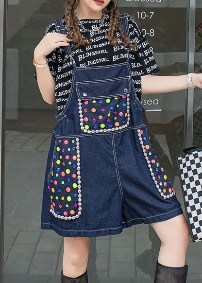 Women Navy Zircon Patchwork Denim Spaghetti Strap Jumpsuits Shorts Summer LY5254 - fabuloryshop