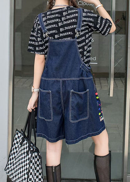 Women Navy Zircon Patchwork Denim Spaghetti Strap Jumpsuits Shorts Summer LY5254 - fabuloryshop