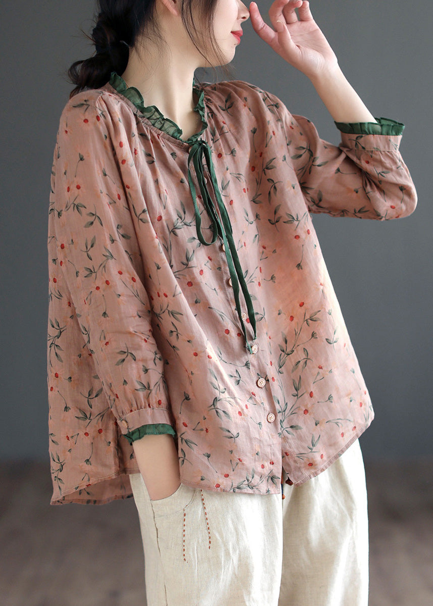 Women Neck Tie Ruffled Print Low High Design Linen Shirt Long Sleeve LY5030 - fabuloryshop