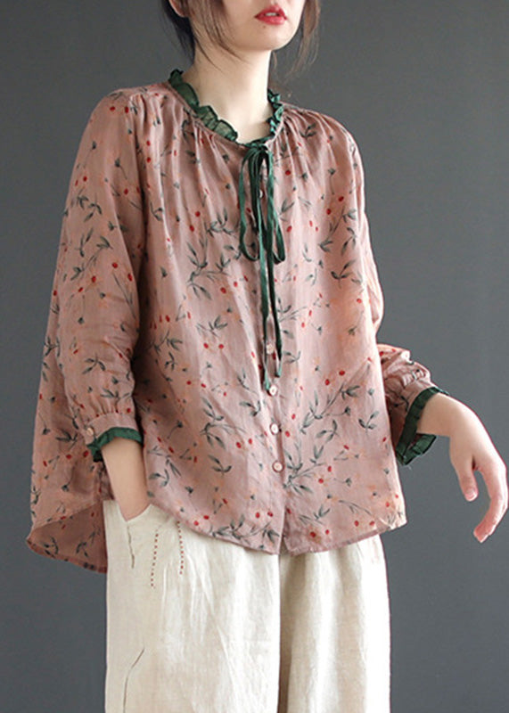 Women Neck Tie Ruffled Print Low High Design Linen Shirt Long Sleeve LY5030 - fabuloryshop