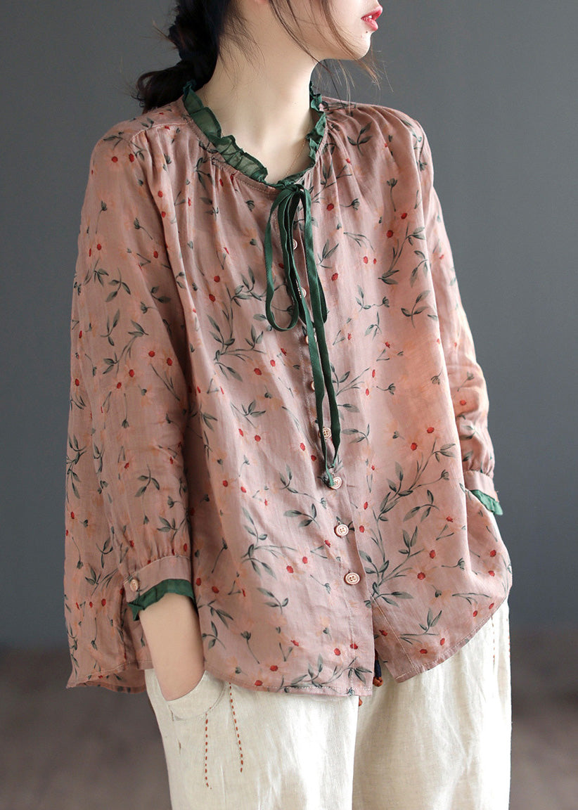 Women Neck Tie Ruffled Print Low High Design Linen Shirt Long Sleeve LY5030 - fabuloryshop