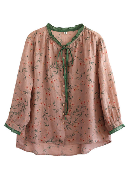 Women Neck Tie Ruffled Print Low High Design Linen Shirt Long Sleeve LY5030 - fabuloryshop