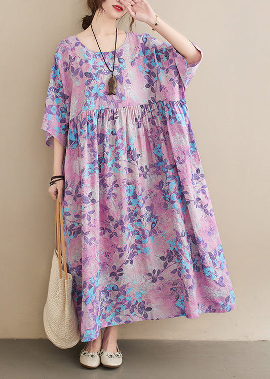 Women O-Neck Print Patchwork Wrinkled Cotton Maxi Dresses Summer LC0006 - fabuloryshop