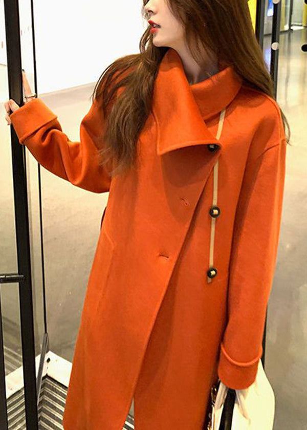 Women Orange Asymmetrical Tie Waist Woolen Trench Fall Ada Fashion