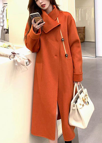 Women Orange Asymmetrical Tie Waist Woolen Trench Fall Ada Fashion