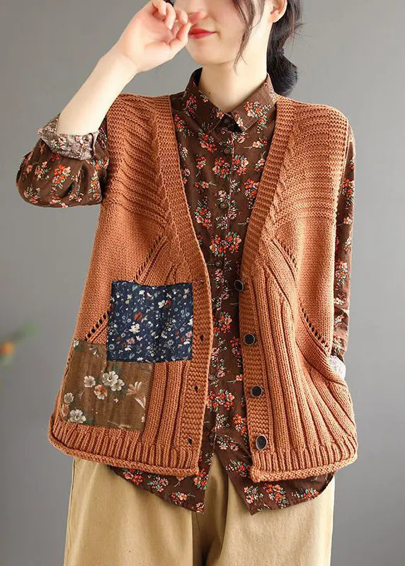 Women Orange Button Patchwork Cozy Cotton Knit Waistcoat Sleeveless Ada Fashion