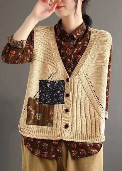 Women Orange Button Patchwork Cozy Cotton Knit Waistcoat Sleeveless Ada Fashion