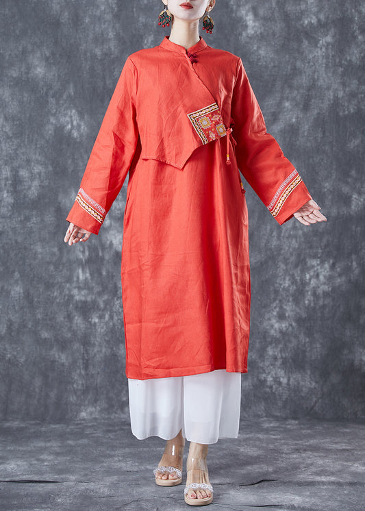 Women Orange Embroideried Lace Up Linen Holiday Dress Summer LY5602 - fabuloryshop