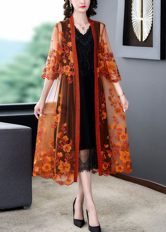 Women Orange Embroideried Patchwork Tulle Long Dresses Summer Ada Fashion