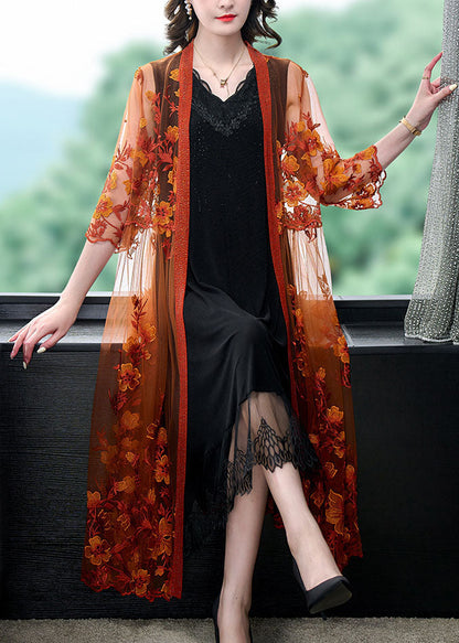 Women Orange Embroideried Patchwork Tulle Long Dresses Summer Ada Fashion