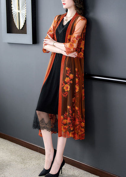 Women Orange Embroideried Patchwork Tulle Long Dresses Summer Ada Fashion