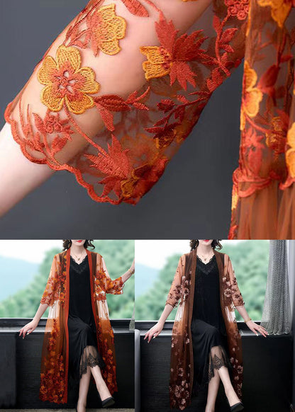 Women Orange Embroideried Patchwork Tulle Long Dresses Summer Ada Fashion