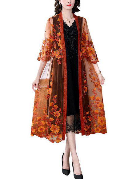 Women Orange Embroideried Patchwork Tulle Long Dresses Summer Ada Fashion