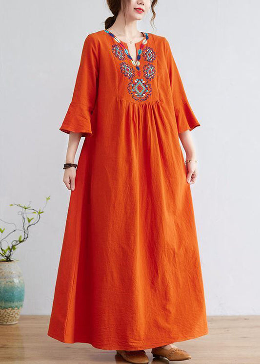 Women Orange Embroideried Wrinkled Cotton Maxi Dress Bracelet Sleeve LY0913 - fabuloryshop