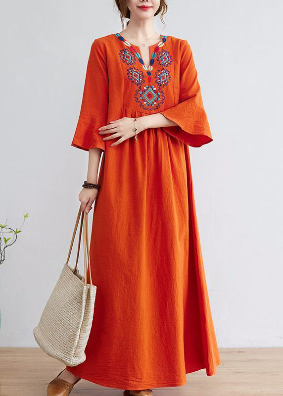 Women Orange Embroideried Wrinkled Cotton Maxi Dress Bracelet Sleeve LY0913 - fabuloryshop