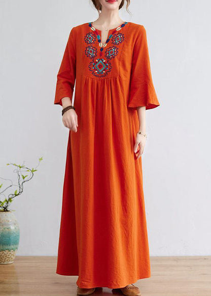 Women Orange Embroideried Wrinkled Cotton Maxi Dress Bracelet Sleeve LY0913 - fabuloryshop