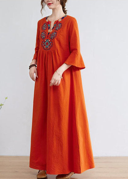 Women Orange Embroideried Wrinkled Cotton Maxi Dress Bracelet Sleeve LY0913 - fabuloryshop