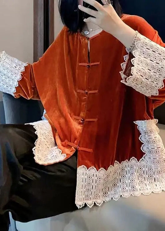 Women Orange Lace Patchwork Silk Velour Coats Long Sleeve Ada Fashion