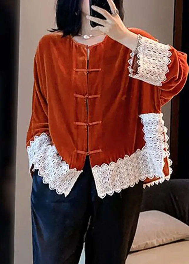 Women Orange Lace Patchwork Silk Velour Coats Long Sleeve Ada Fashion