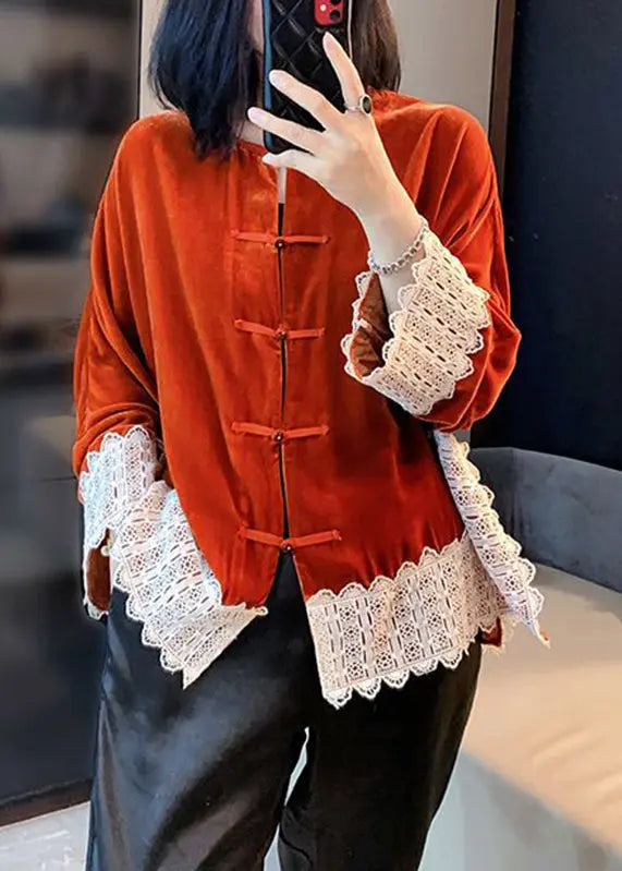 Women Orange Lace Patchwork Silk Velour Coats Long Sleeve Ada Fashion