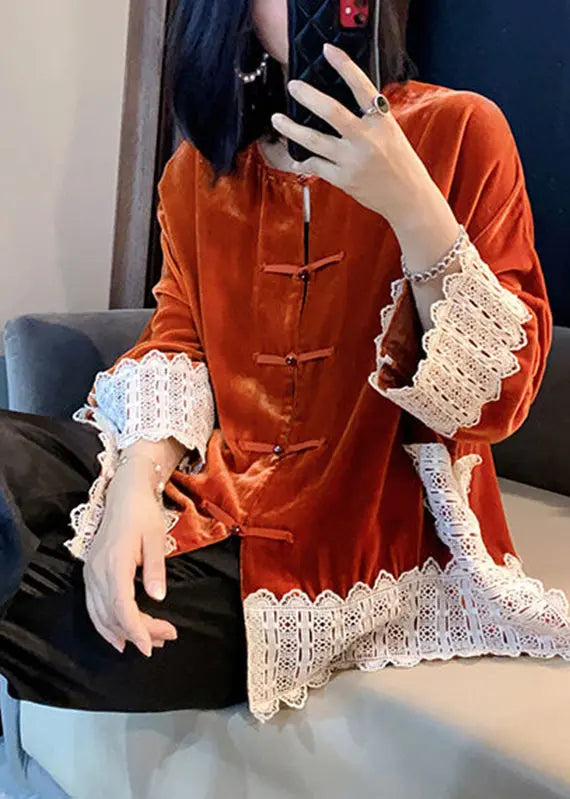 Women Orange Lace Patchwork Silk Velour Coats Long Sleeve Ada Fashion