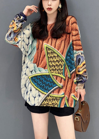 Women Orange O Neck Print Cozy Knitted Cotton Top Long Sleeve Ada Fashion