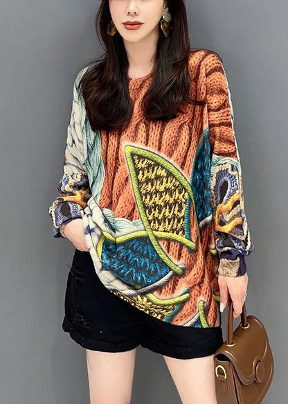 Women Orange O Neck Print Cozy Knitted Cotton Top Long Sleeve Ada Fashion