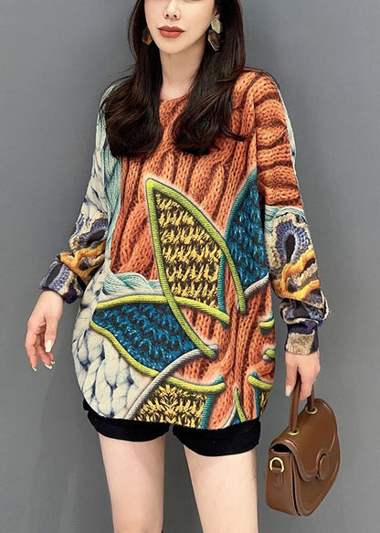 Women Orange O Neck Print Cozy Knitted Cotton Top Long Sleeve Ada Fashion