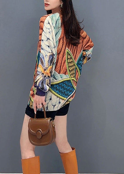 Women Orange O Neck Print Cozy Knitted Cotton Top Long Sleeve Ada Fashion