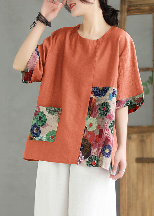 Women Orange O Neck Print Patchwork Linen T Shirt Top Summer LY5281 - fabuloryshop