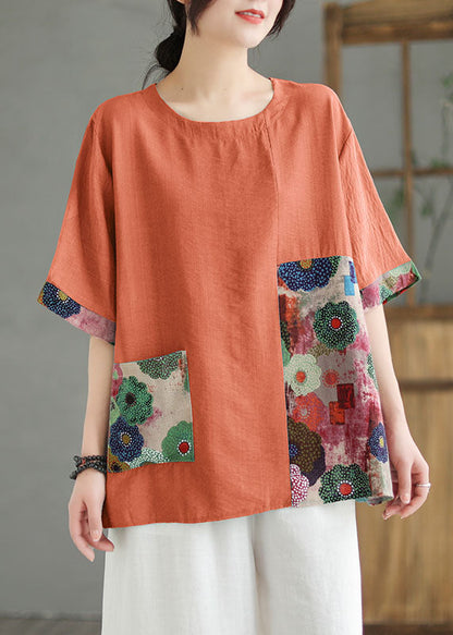 Women Orange O Neck Print Patchwork Linen T Shirt Top Summer LY5281 - fabuloryshop