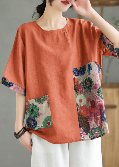 Women Orange O Neck Print Patchwork Linen T Shirt Top Summer LY5281 - fabuloryshop