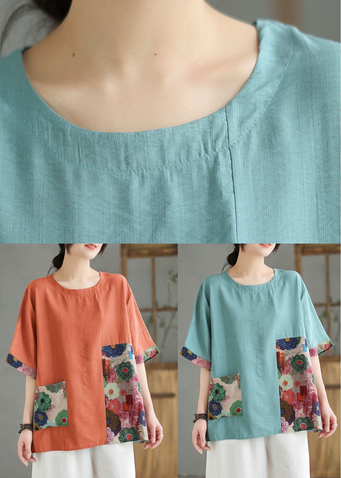 Women Orange O Neck Print Patchwork Linen T Shirt Top Summer LY5281 - fabuloryshop