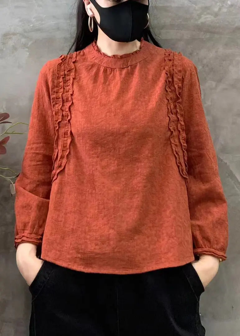 Women Orange O-Neck Ruffled Patchwork Cotton Tops Fall Ada Fashion