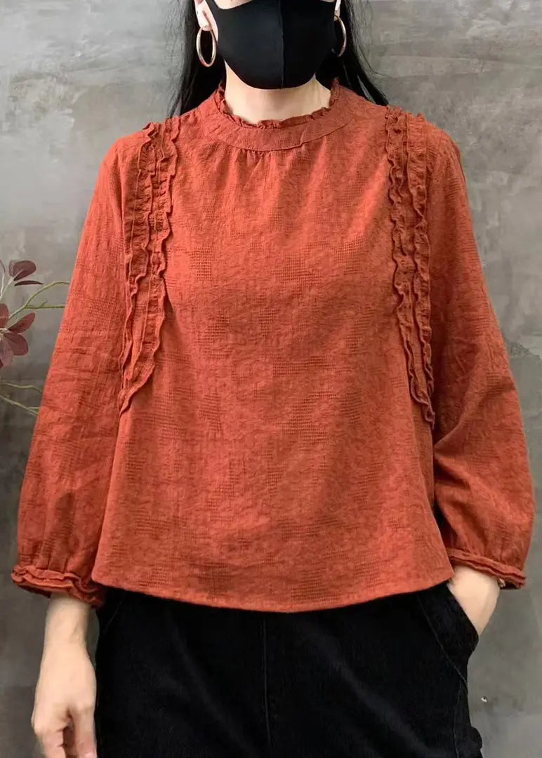 Women Orange O-Neck Ruffled Patchwork Cotton Tops Fall Ada Fashion