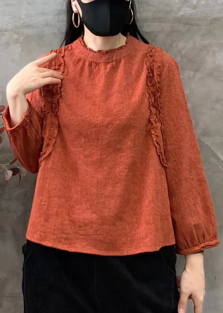 Women Orange O-Neck Ruffled Patchwork Cotton Tops Fall Ada Fashion