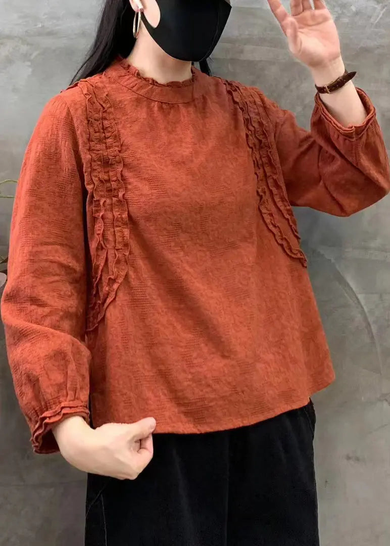 Women Orange O-Neck Ruffled Patchwork Cotton Tops Fall Ada Fashion