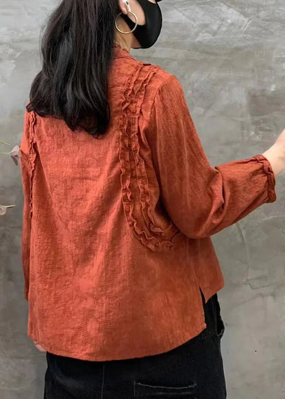 Women Orange O-Neck Ruffled Patchwork Cotton Tops Fall Ada Fashion