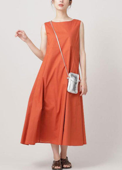 Women Orange O Neck Wrinkled Exra Large Hem Cotton Dresses Sleeveless LY2131 - fabuloryshop