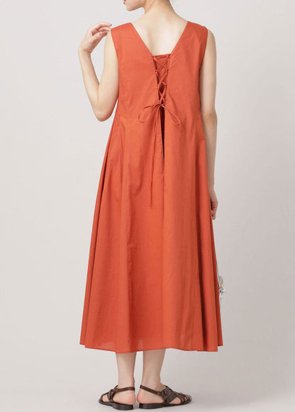 Women Orange O Neck Wrinkled Exra Large Hem Cotton Dresses Sleeveless LY2131 - fabuloryshop