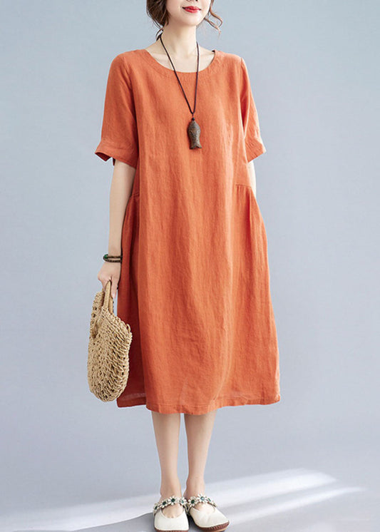 Women Orange O Neck Wrinkled Patchwork Cotton Dress Summer LY5696 - fabuloryshop