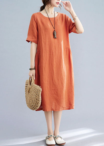 Women Orange O Neck Wrinkled Patchwork Cotton Dress Summer LY5696 - fabuloryshop