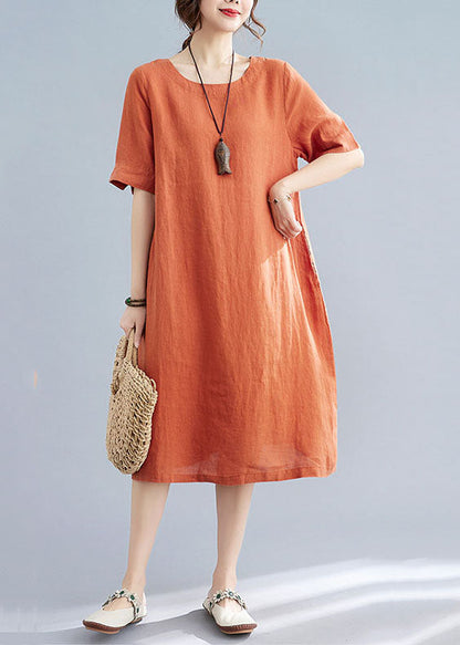 Women Orange O Neck Wrinkled Patchwork Cotton Dress Summer LY5696 - fabuloryshop