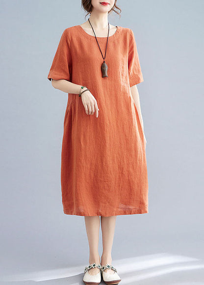 Women Orange O Neck Wrinkled Patchwork Cotton Dress Summer LY5696 - fabuloryshop