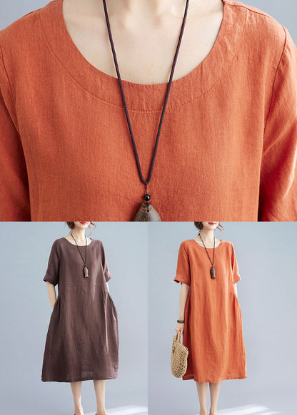 Women Orange O Neck Wrinkled Patchwork Cotton Dress Summer LY5696 - fabuloryshop