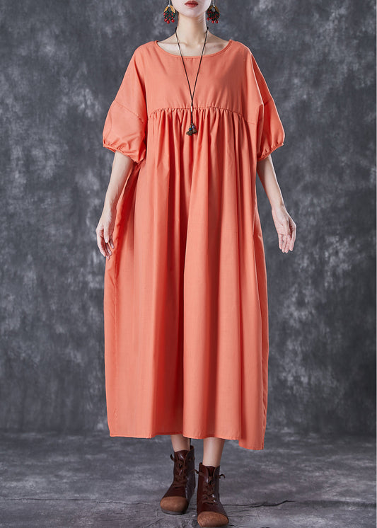 Women Orange Oversized Patchwork Linen Dress Puff Sleeve LY7094 - fabuloryshop