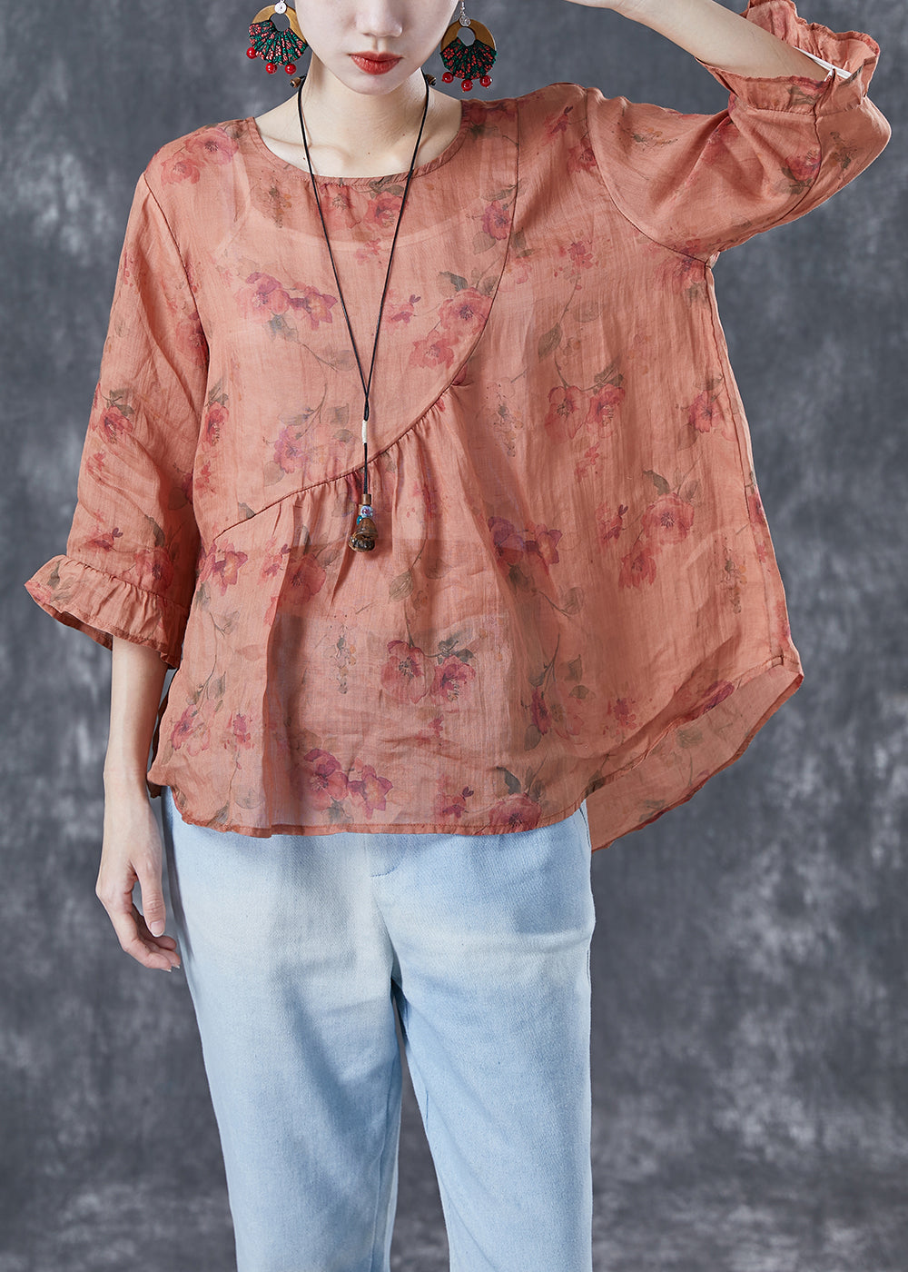 Women Orange Oversized Print Linen Shirts Bracelet Sleeve LY4073 - fabuloryshop