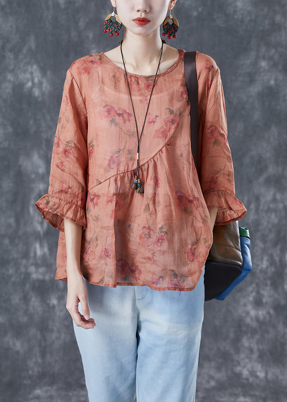 Women Orange Oversized Print Linen Shirts Bracelet Sleeve LY4073 - fabuloryshop