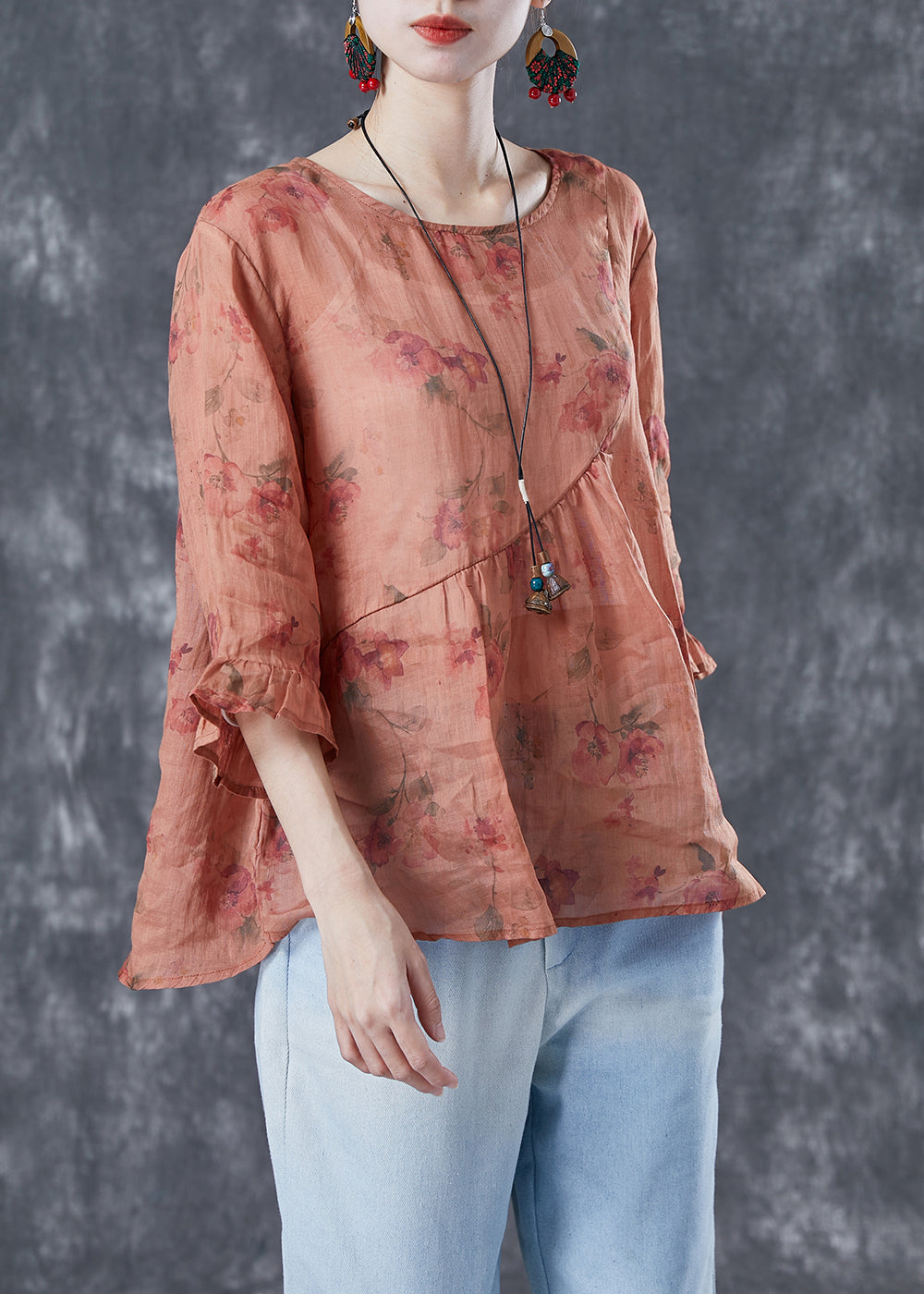 Women Orange Oversized Print Linen Shirts Bracelet Sleeve LY4073 - fabuloryshop