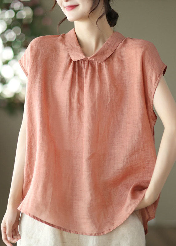 Women Orange Peter Pan Collar Patchwork Linen Blouses Summer LY6251 - fabuloryshop